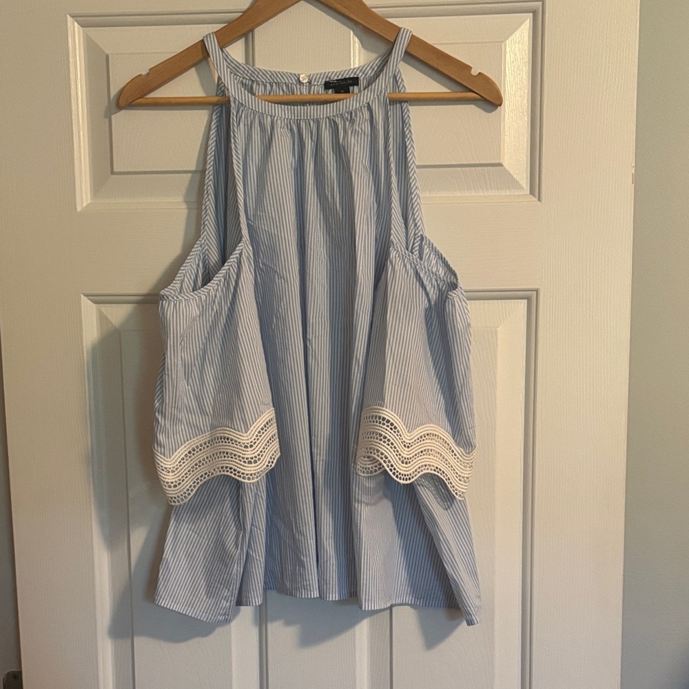 Ann Taylor Blue and White Striped Blouse with Lace Trim